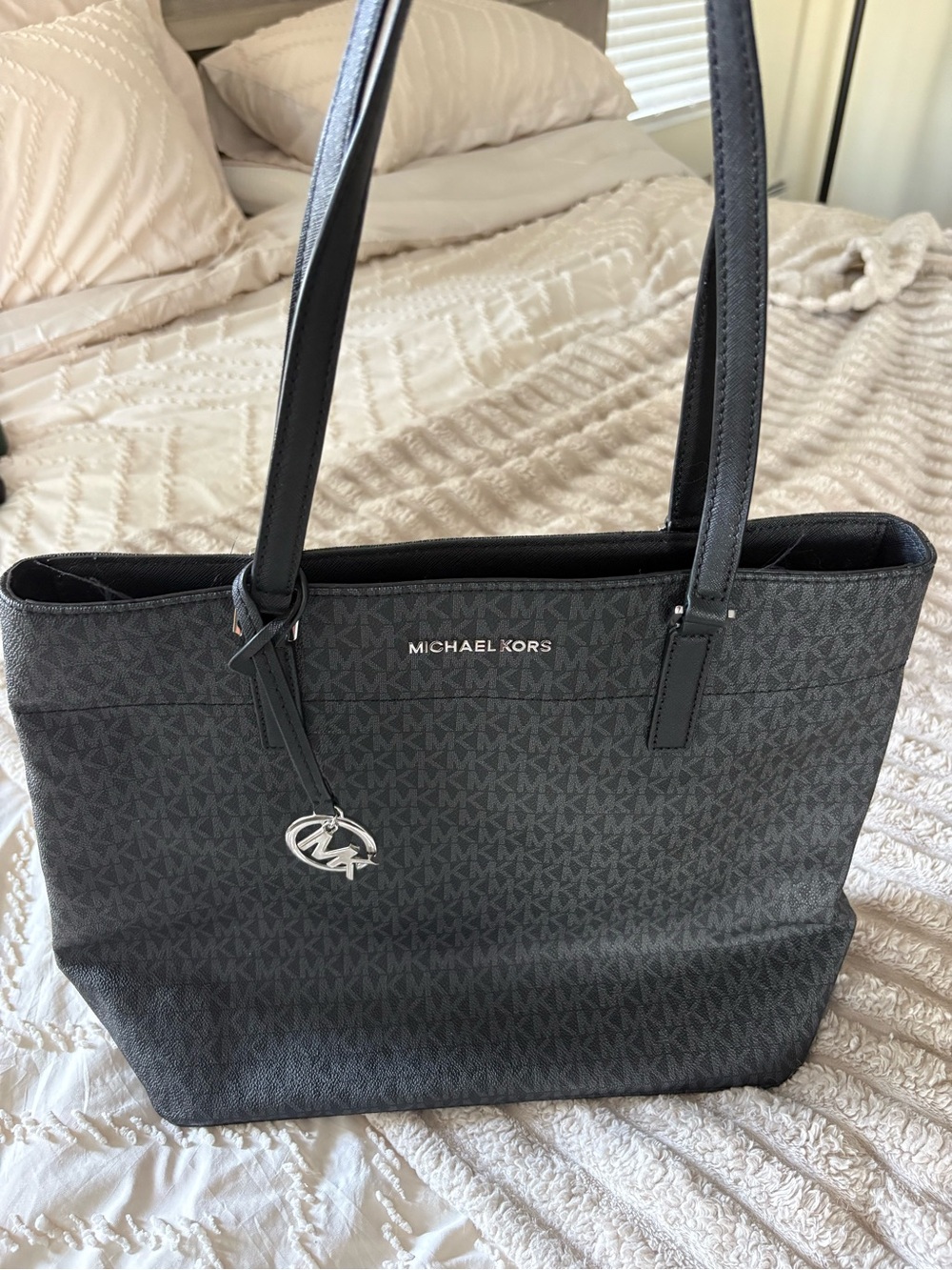 Michael Kors Black MK Logo Tote with Silver Charm
